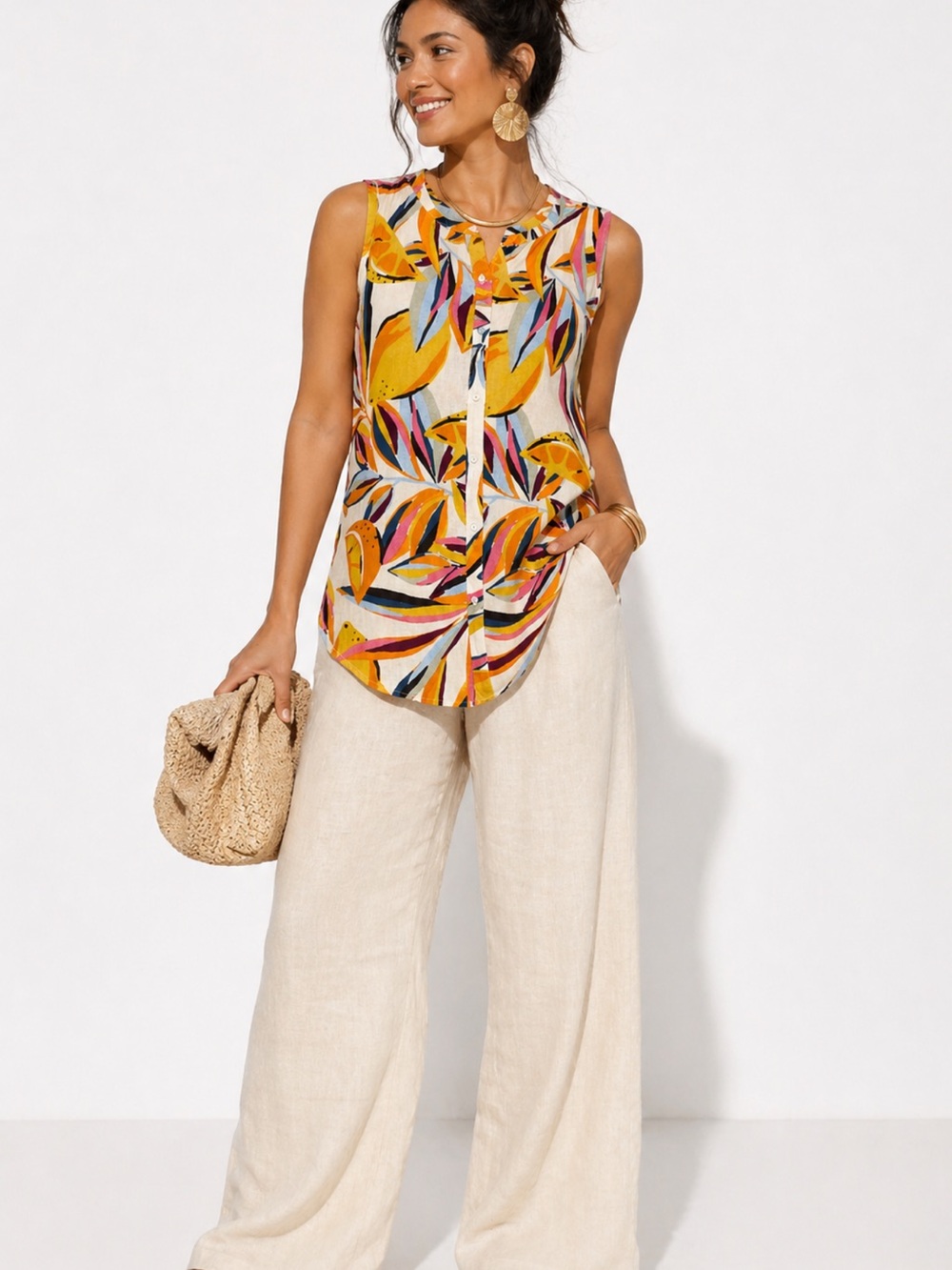 C&C California Linen Tank Top Large Tropical Print Button Front